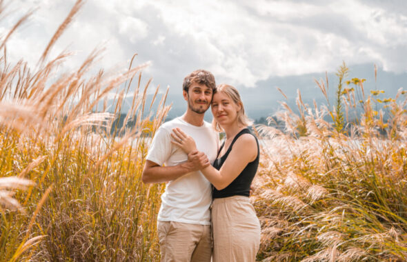 Couple proposal with Mt Fuji in background, Lake Kawaguchi Japan