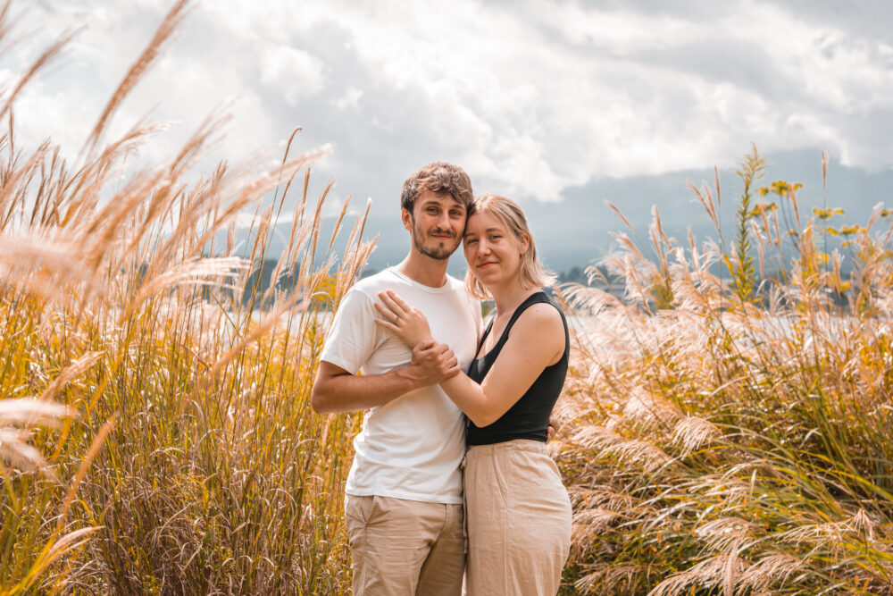 Couple proposal with Mt Fuji in background, Lake Kawaguchi Japan
